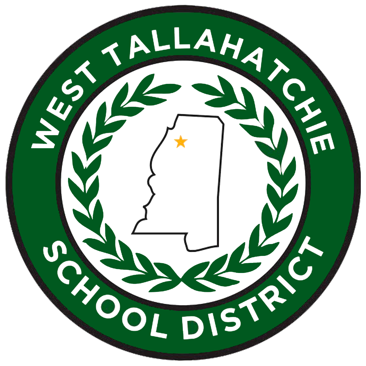 Circular “West Tallahatchie School District” logo featuring a green laurel wreath surrounding a Mississippi outline with a star marking Tallahatchie.